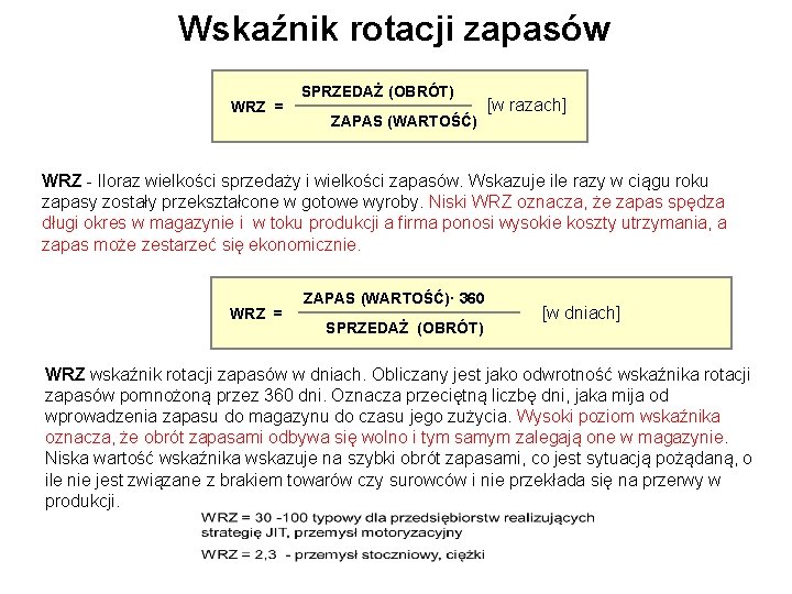 Wskaźnik rotacji zapasów WRZ = SPRZEDAŻ (OBRÓT) ZAPAS (WARTOŚĆ) [w razach] WRZ - Iloraz