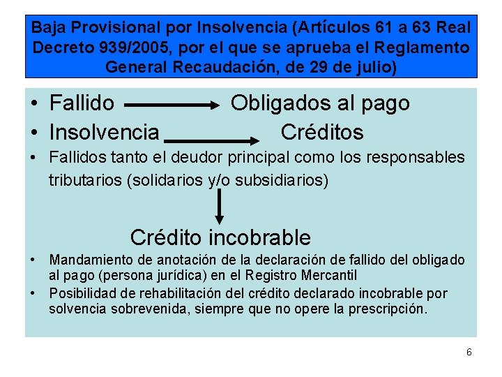 Baja Provisional por Insolvencia (Artículos 61 a 63 Real Decreto 939/2005, por el que