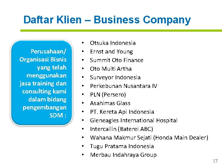 Daftar Klien – Business Company Perusahaan/ Organisasi Bisnis yang telah menggunakan jasa training dan