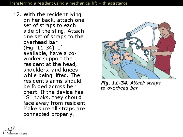 Transferring a resident using a mechanical lift with assistance 12. With the resident lying