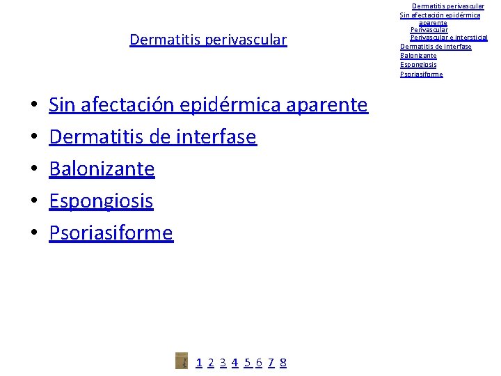 Dermatitis perivascular • • • Sin afectación epidérmica aparente Dermatitis de interfase Balonizante Espongiosis
