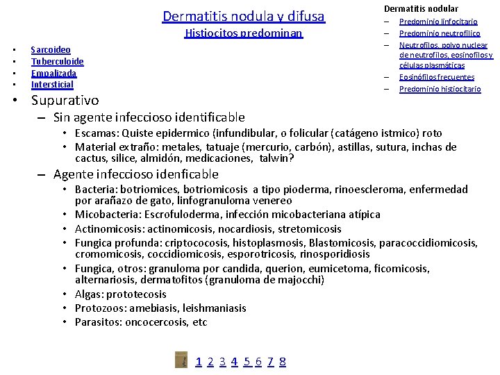 Dermatitis nodula y difusa Histiocitos predominan • • Sarcoideo Tuberculoide Empalizada Intersticial Dermatitis nodular