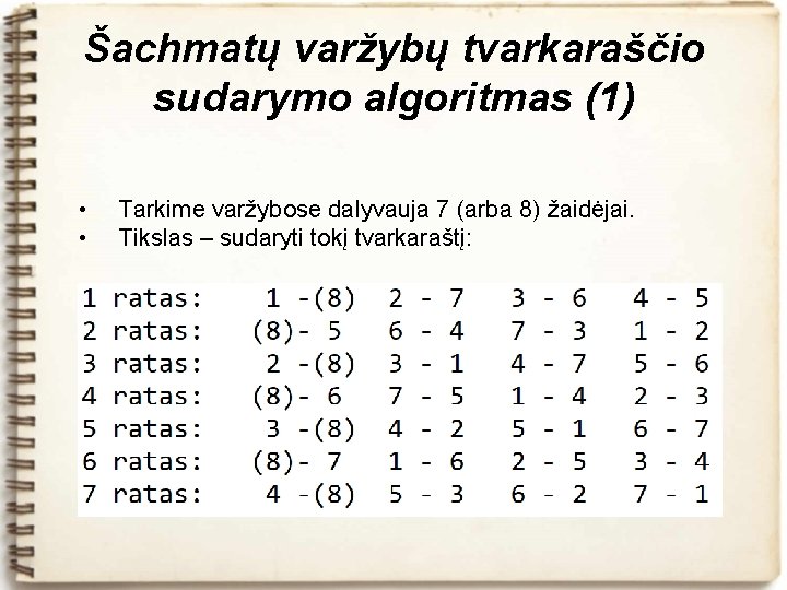 Šachmatų varžybų tvarkaraščio sudarymo algoritmas (1) • • Tarkime varžybose dalyvauja 7 (arba 8)