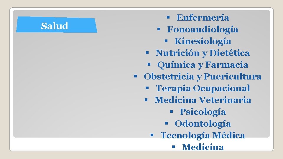 Salud § Enfermería § Fonoaudiología § Kinesiología § Nutrición y Dietética § Química y