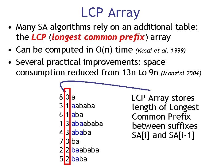 LCP Array • Many SA algorithms rely on an additional table: the LCP (longest