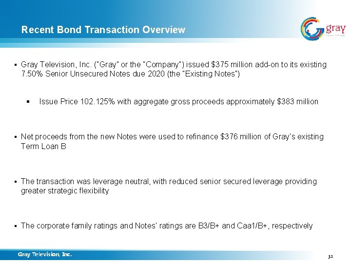 Recent Bond Transaction Overview § Gray Television, Inc. (“Gray” or the “Company”) issued $375