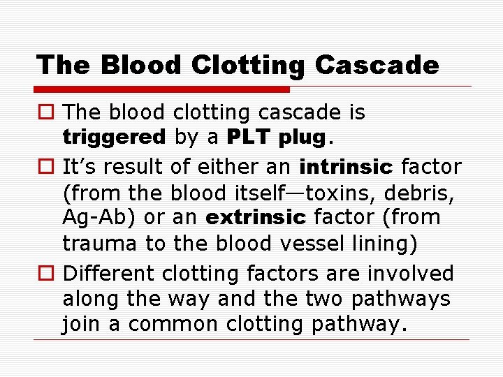 The Blood Clotting Cascade The blood clotting cascade is triggered by a PLT plug. The Blood Clotting Cascade The blood clotting cascade is triggered by a PLT plug.