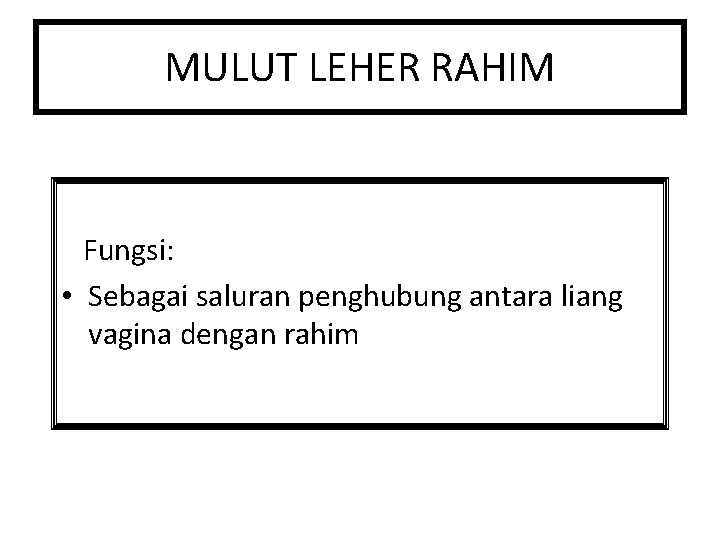 MULUT LEHER RAHIM Fungsi: • Sebagai saluran penghubung antara liang vagina dengan rahim 