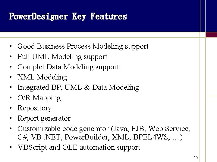 Power. Designer Key Features • • • Good Business Process Modeling support Full UML