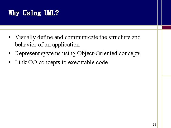 Why Using UML? • Visually define and communicate the structure and behavior of an