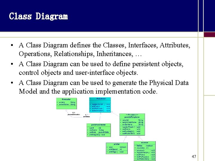 Class Diagram • A Class Diagram defines the Classes, Interfaces, Attributes, Operations, Relationships, Inheritances,