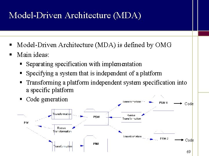 Model-Driven Architecture (MDA) § Model-Driven Architecture (MDA) is defined by OMG § Main ideas: