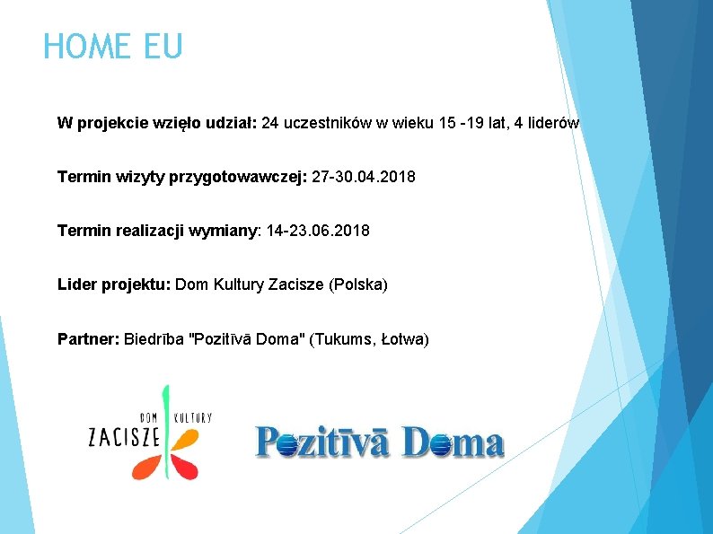 HOME EU W projekcie wzięło udział: 24 uczestników w wieku 15 -19 lat, 4