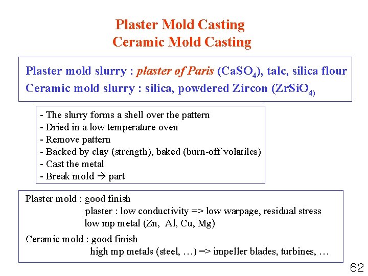 Plaster Mold Casting Ceramic Mold Casting Plaster mold slurry : plaster of Paris (Ca.