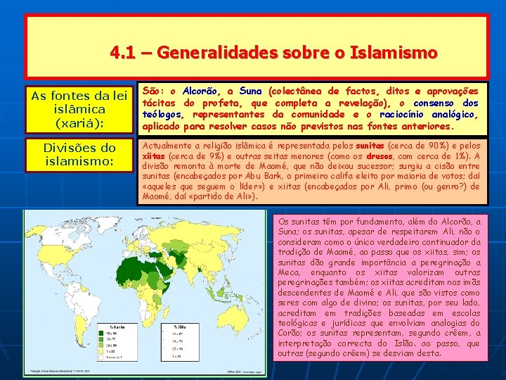 4. 1 – Generalidades sobre o Islamismo As fontes da lei islâmica (xariá): Divisões