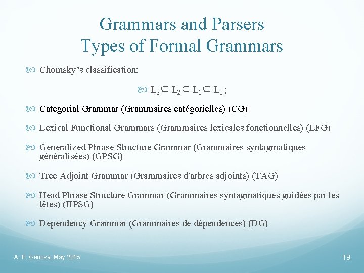 Grammars and Parsers Types of Formal Grammars Chomsky’s classification: L 3⊂ L 2⊂ L