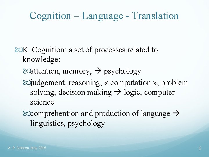 Cognition – Language - Translation K. Cognition: a set of processes related to knowledge:
