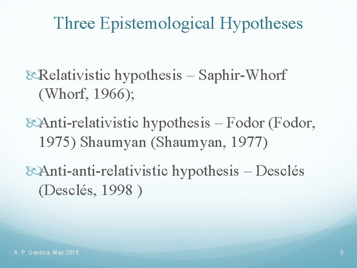 Three Epistemological Hypotheses Relativistic hypothesis – Saphir-Whorf (Whorf, 1966); Anti-relativistic hypothesis – Fodor (Fodor,