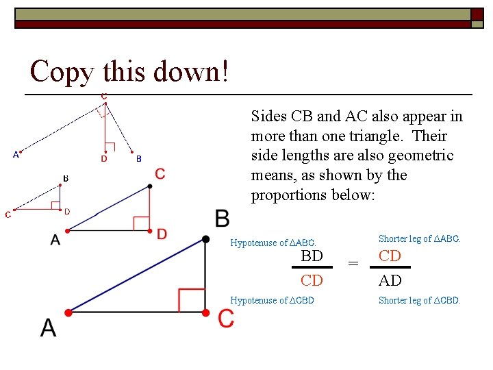 Copy this down! Sides CB and AC also appear in more than one triangle.