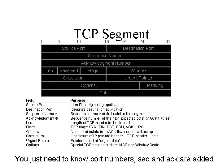 0 4 TCP Segment 10 16 Source Port 19 24 31 Destination Port Sequence