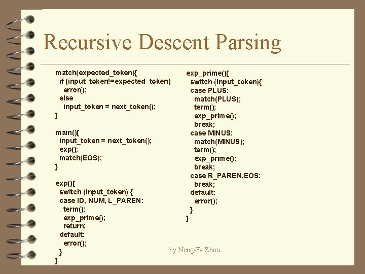 Recursive Descent Parsing match(expected_token){ exp_prime(){ if (input_token!=expected_token) switch (input_token){ error(); case PLUS: else match(PLUS);