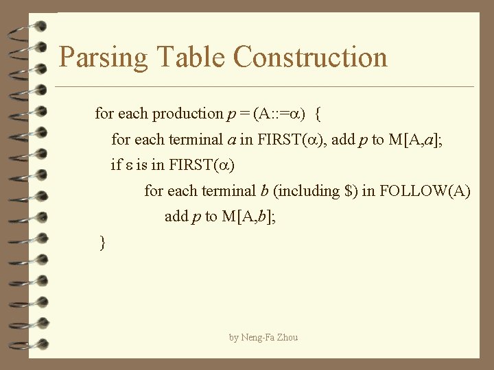 Parsing Table Construction for each production p = (A: : =a) { for each