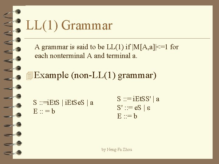 LL(1) Grammar A grammar is said to be LL(1) if |M[A, a]|<=1 for each