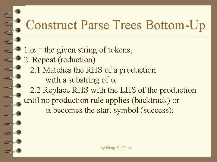 Construct Parse Trees Bottom-Up 1. a = the given string of tokens; 2. Repeat