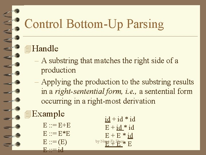 Control Bottom-Up Parsing 4 Handle – A substring that matches the right side of