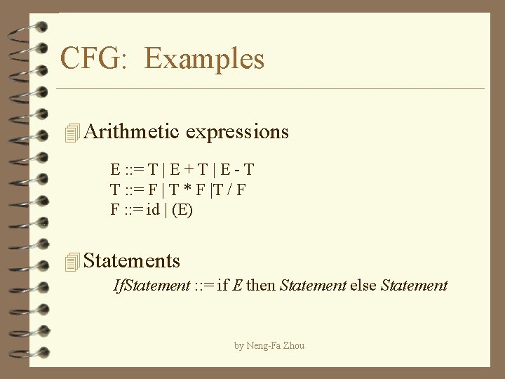 CFG: Examples 4 Arithmetic expressions E : : = T | E + T