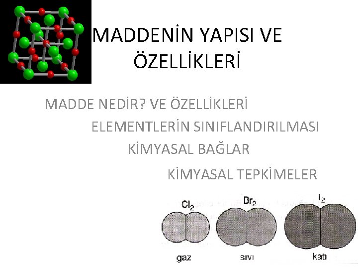 MADDENİN YAPISI VE ÖZELLİKLERİ MADDE NEDİR? VE ÖZELLİKLERİ ELEMENTLERİN SINIFLANDIRILMASI KİMYASAL BAĞLAR KİMYASAL TEPKİMELER
