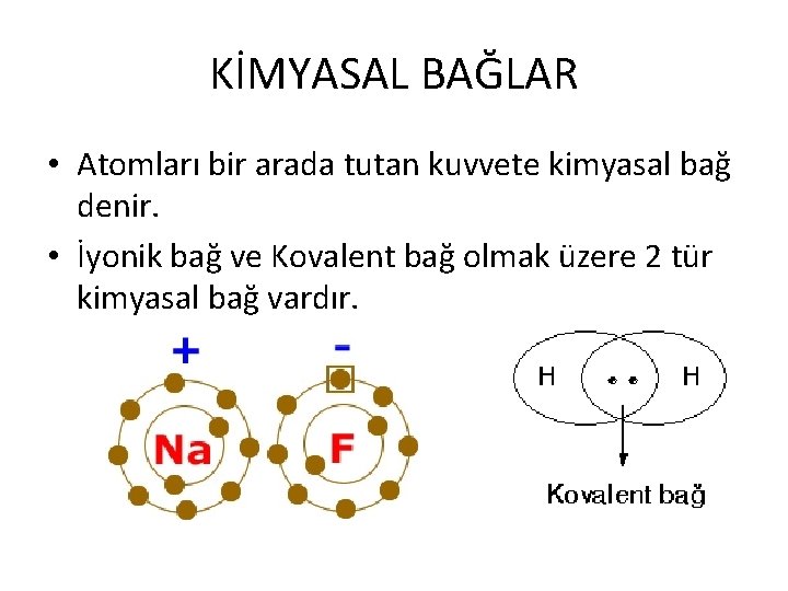 KİMYASAL BAĞLAR • Atomları bir arada tutan kuvvete kimyasal bağ denir. • İyonik bağ