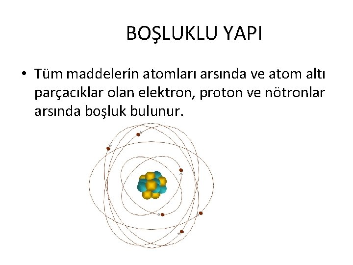 BOŞLUKLU YAPI • Tüm maddelerin atomları arsında ve atom altı parçacıklar olan elektron, proton