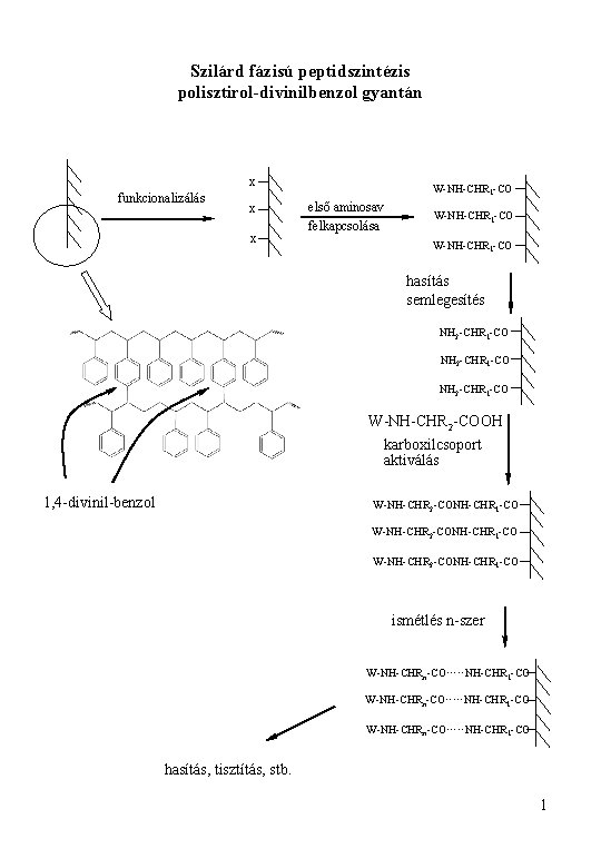 Szilárd fázisú peptidszintézis polisztirol-divinilbenzol gyantán x funkcionalizálás x x W-NH-CHR 1 -CO első aminosav