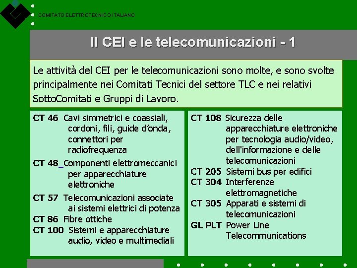 COMITATO ELETTROTECNICO ITALIANO Il CEI e le telecomunicazioni - 1 Le attività del CEI