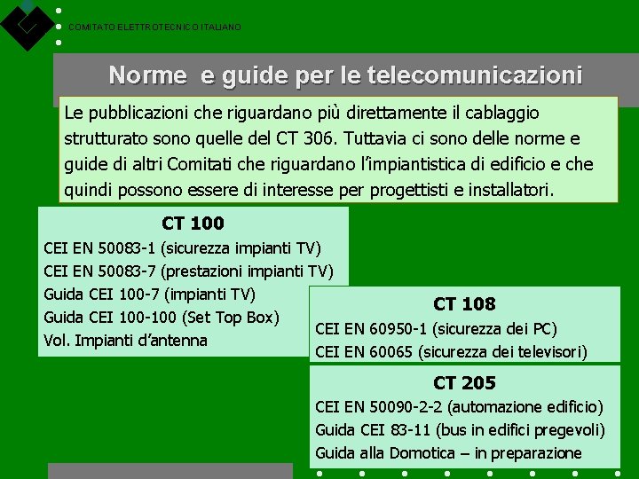 COMITATO ELETTROTECNICO ITALIANO Norme e guide per le telecomunicazioni Le pubblicazioni che riguardano più