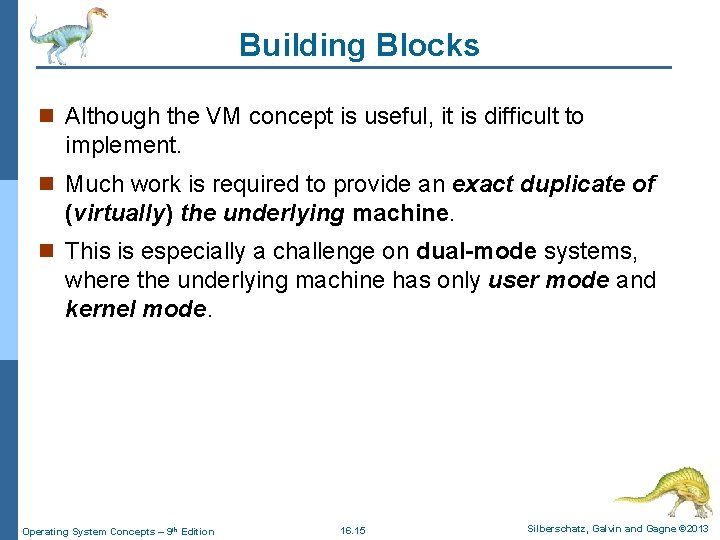 Building Blocks n Although the VM concept is useful, it is difficult to implement.