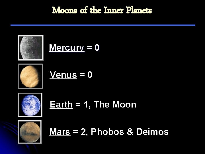 Moons of the Inner Planets Mercury = 0 Venus = 0 Earth = 1,