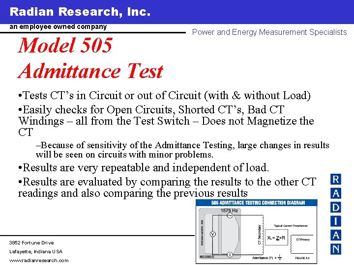 Radian Research, Inc. www. radianresearch. com an employee owned company Model 505 Admittance Test