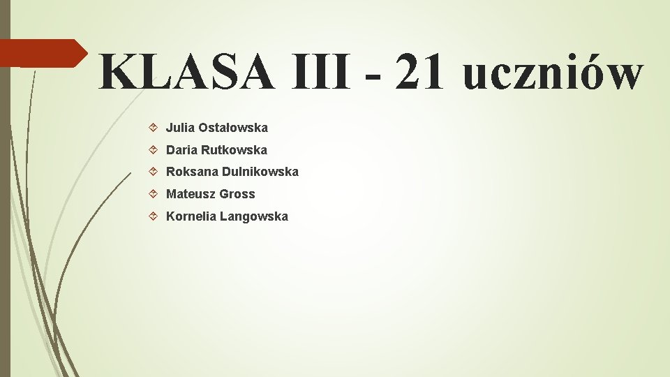 KLASA III - 21 uczniów Julia Ostałowska Daria Rutkowska Roksana Dulnikowska Mateusz Gross Kornelia