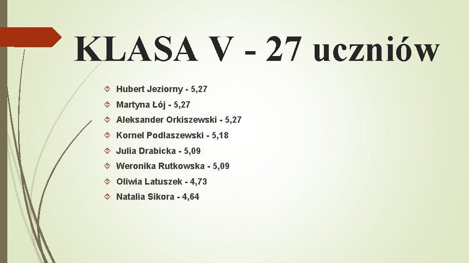 KLASA V - 27 uczniów Hubert Jeziorny - 5, 27 Martyna Łój - 5,