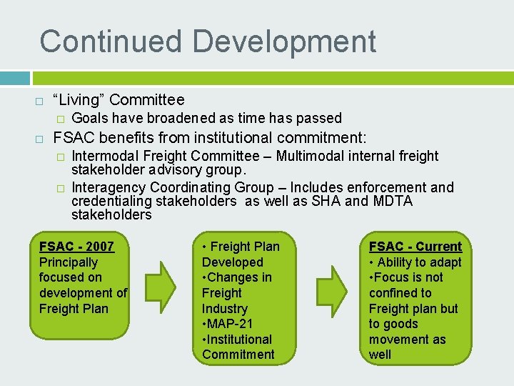 Continued Development “Living” Committee � Goals have broadened as time has passed FSAC benefits