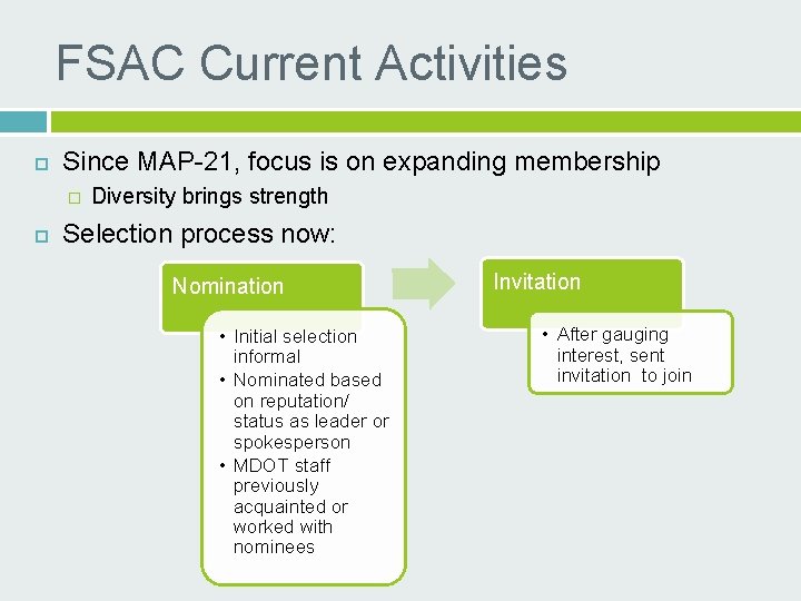 FSAC Current Activities Since MAP-21, focus is on expanding membership � Diversity brings strength