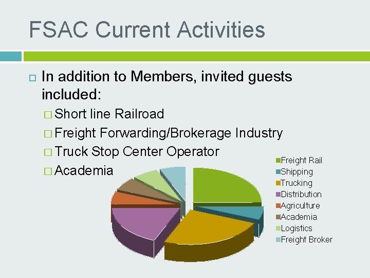 FSAC Current Activities In addition to Members, invited guests included: � Short line Railroad