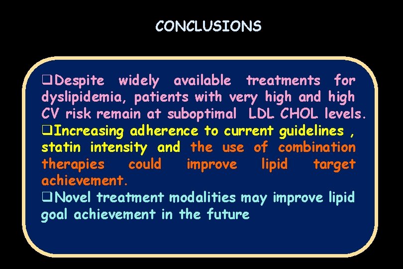 CONCLUSIONS q. Despite widely available treatments for dyslipidemia, patients with very high and high
