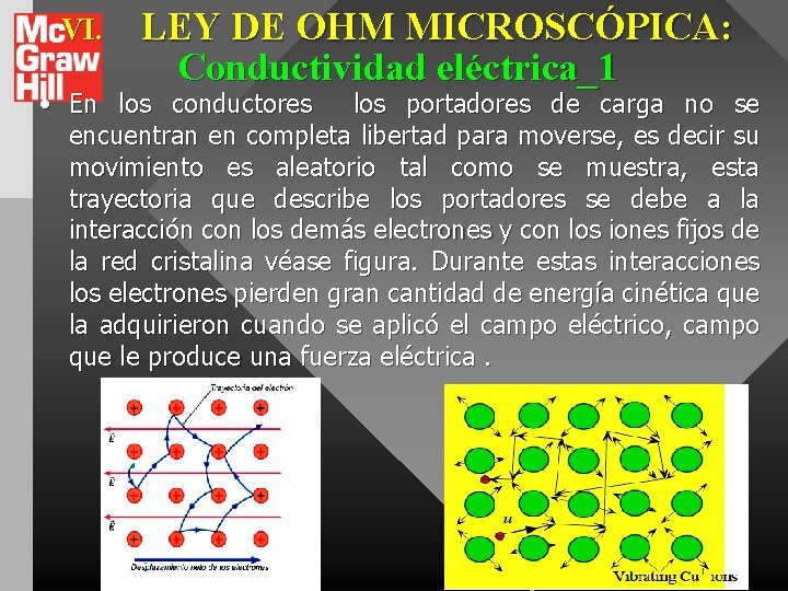 VI. LEY DE OHM MICROSCÓPICA: Conductividad eléctrica_1 • En los conductores los portadores de