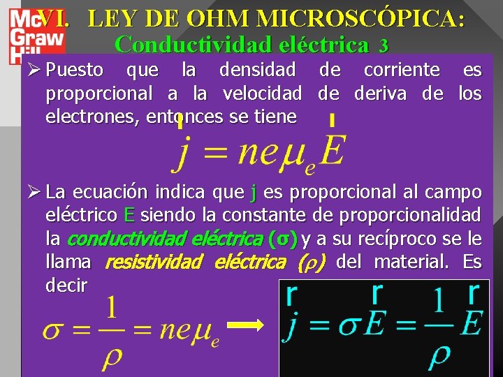 VI. LEY DE OHM MICROSCÓPICA: Conductividad eléctrica_3 Ø Puesto que la densidad de corriente