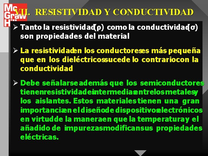 VII. RESISTIVIDAD Y CONDUCTIVIDAD Ø Tanto la resistividad(ρ) como la conductividad(σ) son propiedades del