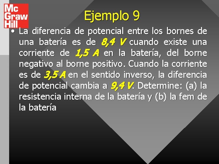Ejemplo 9 • La diferencia de potencial entre los bornes de una batería es
