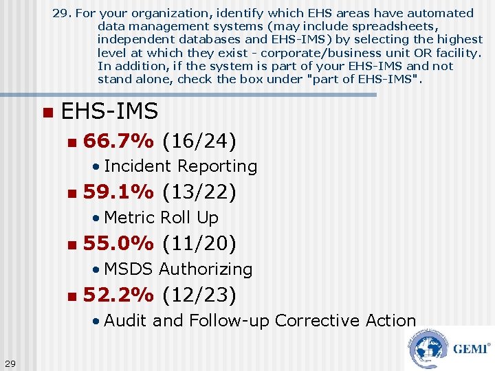 29. For your organization, identify which EHS areas have automated data management systems (may